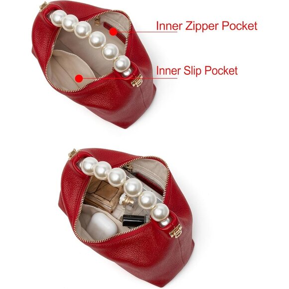 ⚡ Women's Top Handle Chain Pearl Strap Leather Crossbody Tote Red Bag - Picture 5 of 6